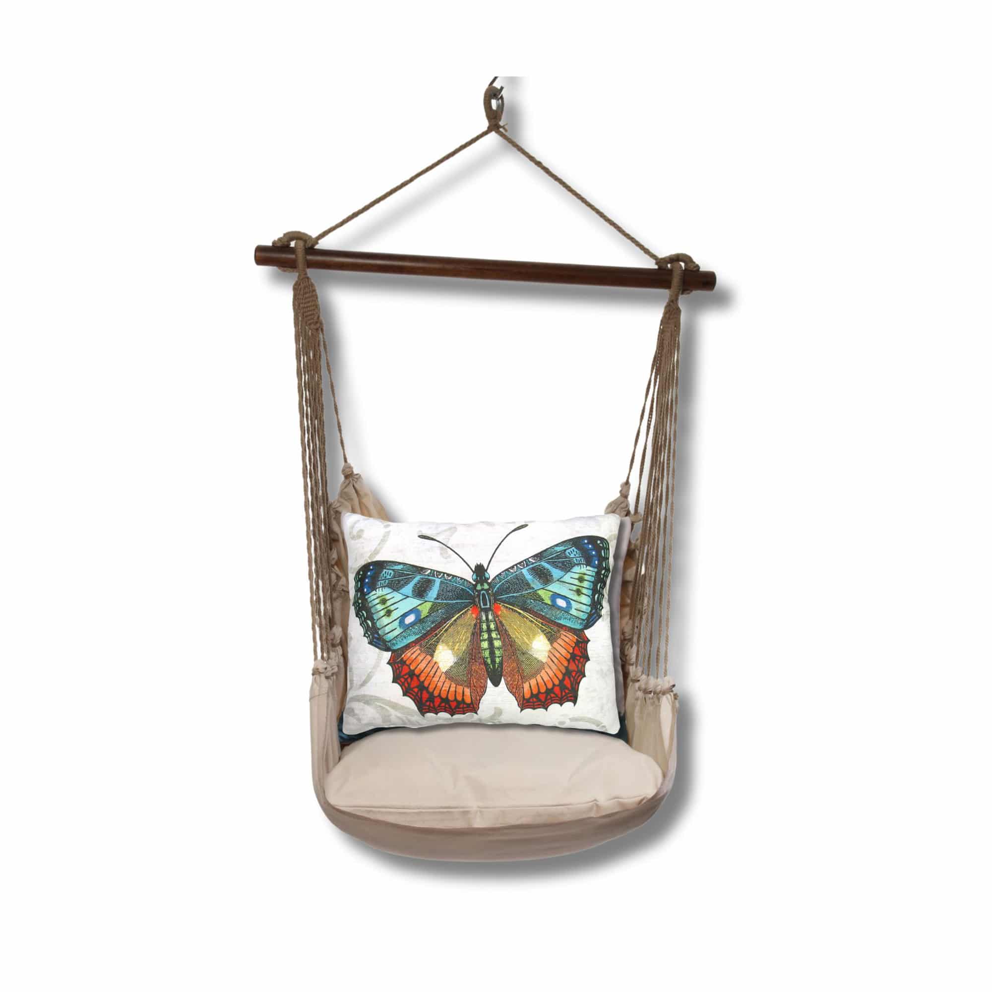 Multi colored outdoor swing crafted by the artisans of Magnolia Casual called the Swing Set 4 piece Latte Solid w/ Butterfly M2 featuring 100 percent weather resistant fabric, weather resistant polyester fabric, handcrafted shown against a clean backdrop featuring with a butterfly motif.