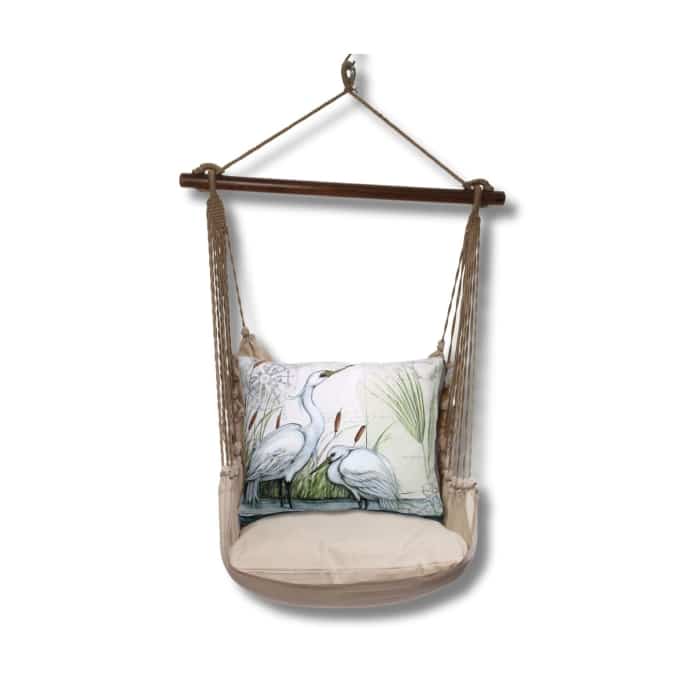 Multi colored outdoor swing crafted by the artisans of Magnolia Casual called the Swing Set 4 piece Latte Solid w/ Heron Pair featuring 100 percent weather resistant fabric, weather resistant polyester fabric, handcrafted shown against a clean backdrop.