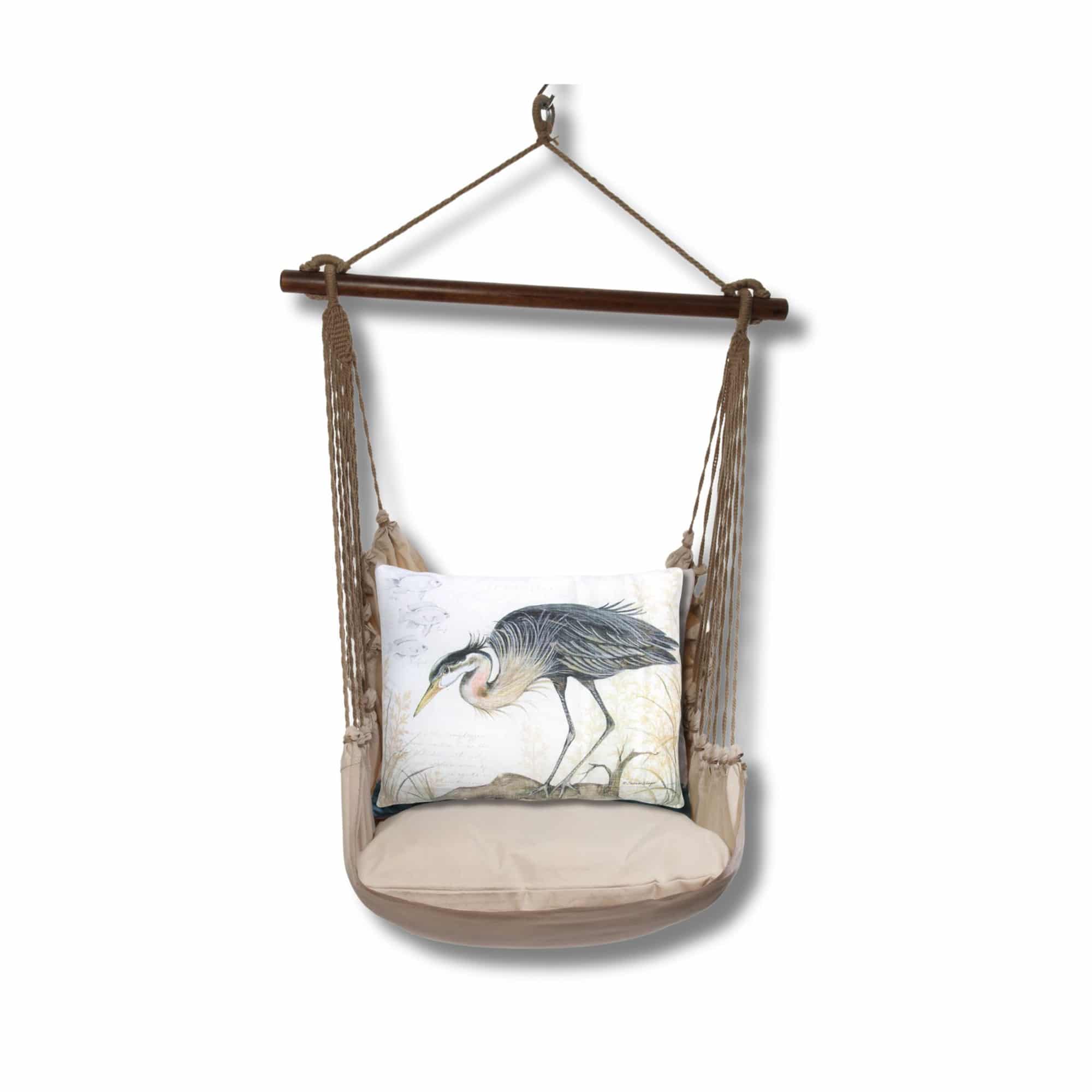 Multi colored outdoor swing crafted by the artisans of Magnolia Casual called the Swing Set 4 piece Latte Solid w/ Heron on Limb featuring 100 percent weather resistant fabric, weather resistant polyester fabric, handcrafted shown against a clean backdrop.