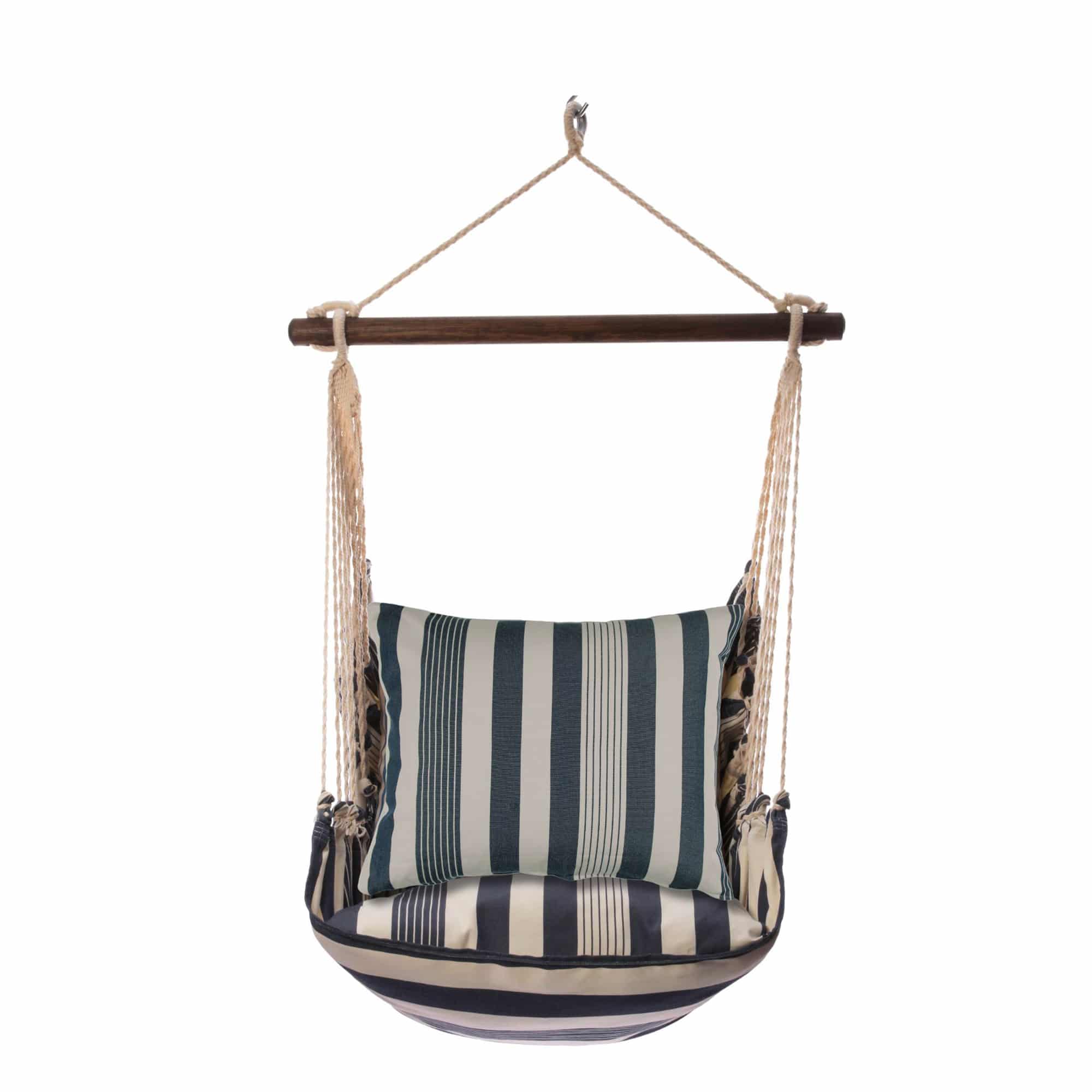 Multi colored outdoor swing crafted by the artisans of Magnolia Casual called the Swing Set 4 piece Marina Stripe w/ Marina Stripe featuring 100 percent weather resistant fabric, weather resistant polyester fabric, handcrafted shown against a clean backdrop featuring with a stripe motif.