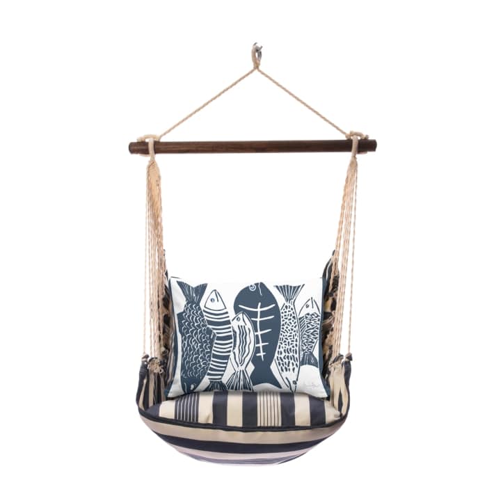 Multi colored outdoor swing crafted by the artisans of Magnolia Casual called the Swing Set 4 piece Marina Stripe w/ Fish featuring 100 percent weather resistant fabric, weather resistant polyester fabric, handcrafted shown against a clean backdrop featuring with a stripe motif.