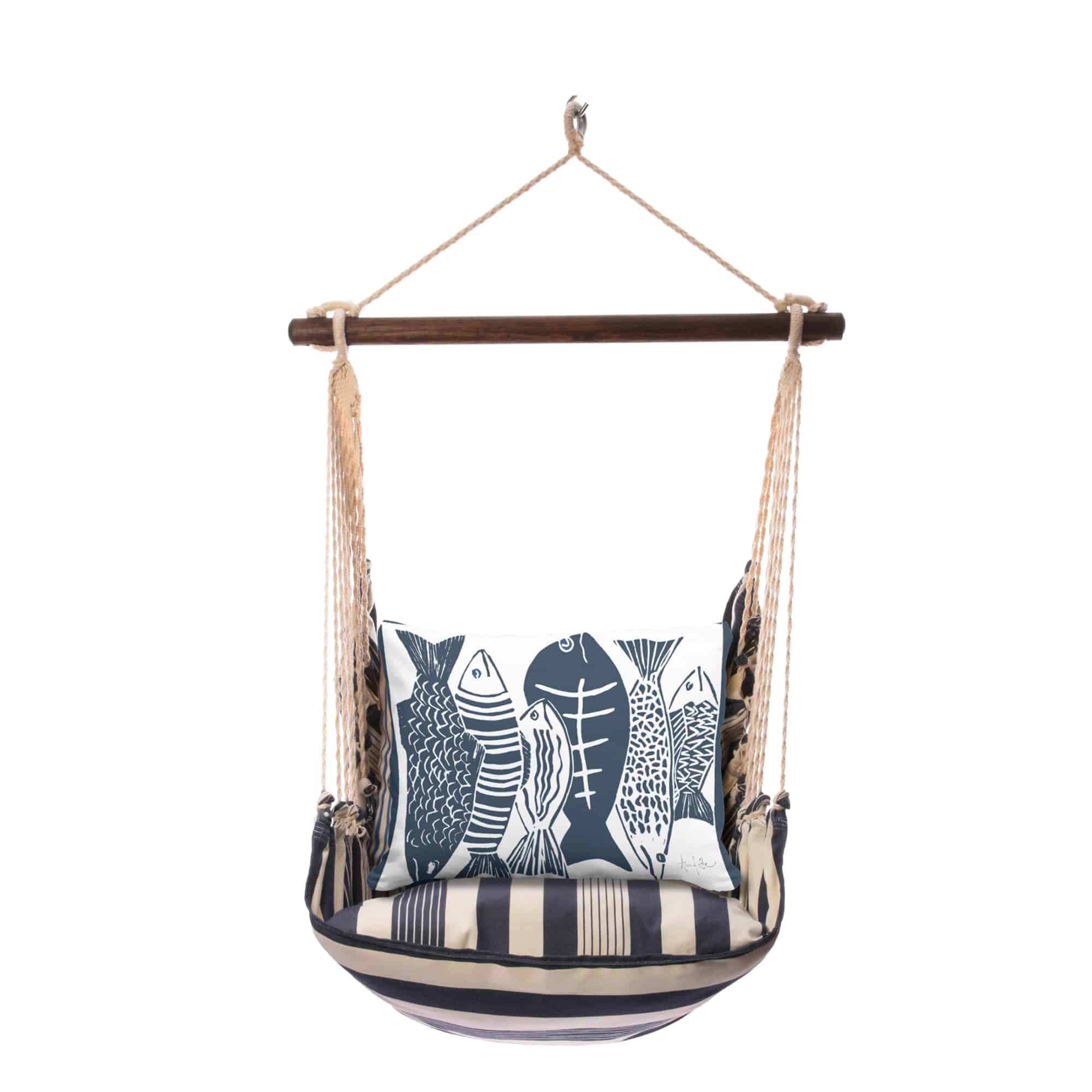 Multi colored outdoor swing crafted by the artisans of Magnolia Casual called the Swing Set 4 piece Marina Stripe w/ Fish featuring 100 percent weather resistant fabric, weather resistant polyester fabric, handcrafted shown against a clean backdrop featuring with a stripe motif.