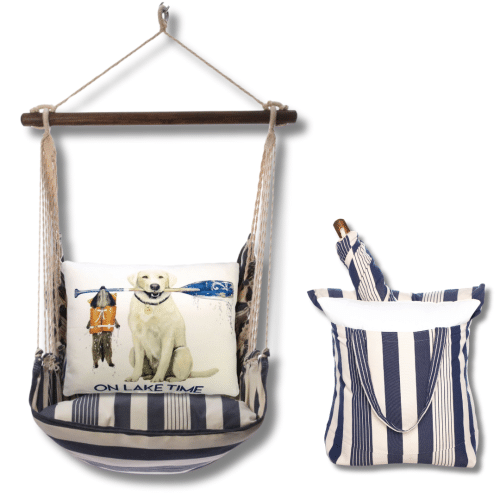 Multi colored outdoor swing crafted by the artisans of Magnolia Casual called the Swing Set 4 piece Marina Stripe w/ Lake Time featuring 100 percent weather resistant fabric, weather resistant polyester fabric, handcrafted shown against a clean backdrop featuring with a stripe motif.