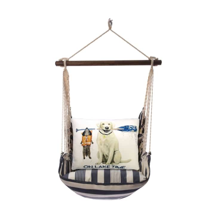 Multi colored outdoor swing crafted by the artisans of Magnolia Casual called the Swing Set 4 piece Marina Stripe w/ Lake Time featuring 100 percent weather resistant fabric, weather resistant polyester fabric, handcrafted shown against a clean backdrop featuring with a stripe motif.