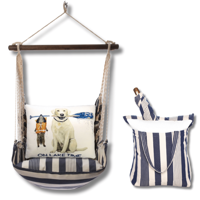 Multi colored outdoor swing crafted by the artisans of Magnolia Casual called the Swing Set 4 piece Marina Stripe w/ Lake Time featuring 100 percent weather resistant fabric, weather resistant polyester fabric, handcrafted shown against a clean backdrop featuring with a stripe motif.