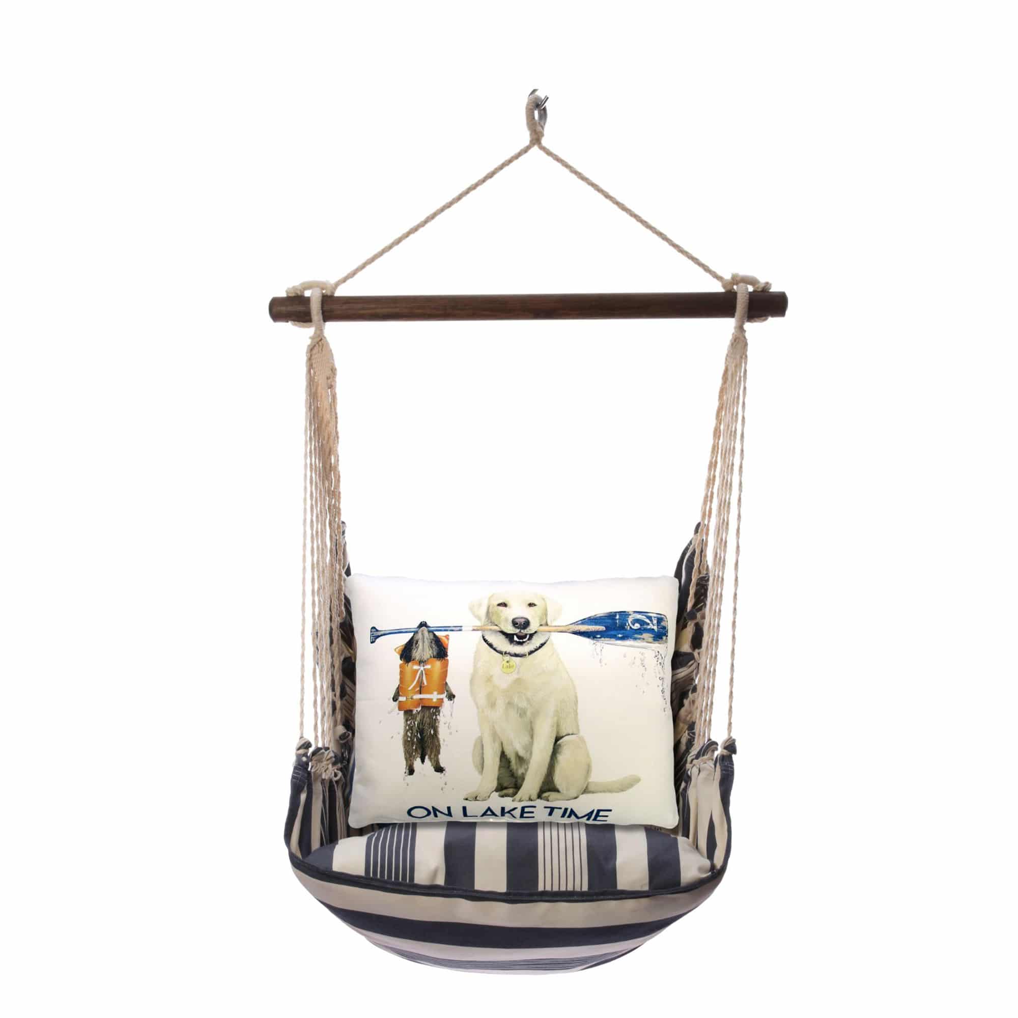 Multi colored outdoor swing crafted by the artisans of Magnolia Casual called the Swing Set 4 piece Marina Stripe w/ Lake Time featuring 100 percent weather resistant fabric, weather resistant polyester fabric, handcrafted shown against a clean backdrop featuring with a stripe motif.