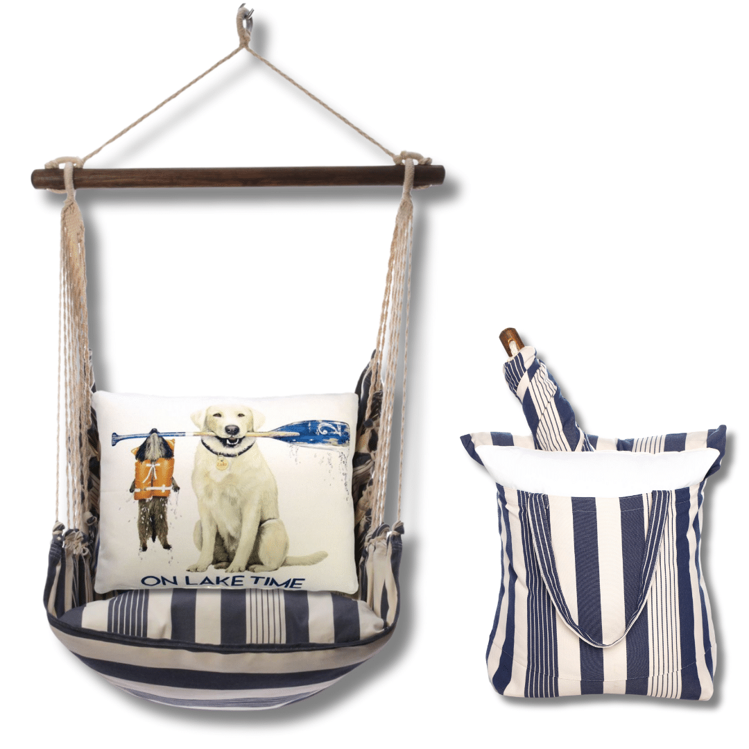 Multi colored outdoor swing crafted by the artisans of Magnolia Casual called the Swing Set 4 piece Marina Stripe w/ Lake Time featuring 100 percent weather resistant fabric, weather resistant polyester fabric, handcrafted shown against a clean backdrop featuring with a stripe motif.