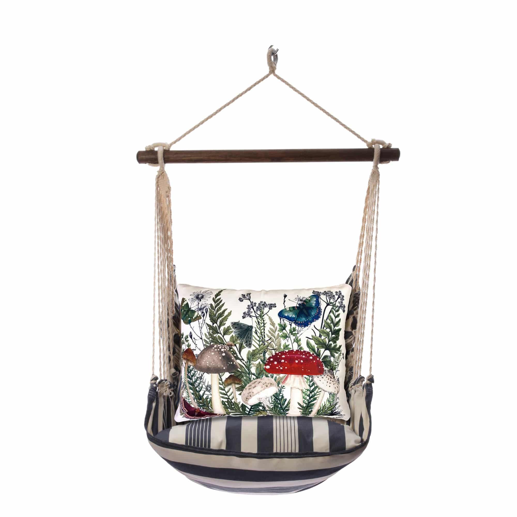 Multi colored outdoor swing crafted by the artisans of Magnolia Casual called the Swing Set 4 piece Marina Stripe w/ Botanical Mushrooms 1 featuring 100 percent weather resistant fabric, weather resistant polyester fabric, handcrafted shown against a clean backdrop featuring with a stripe motif.