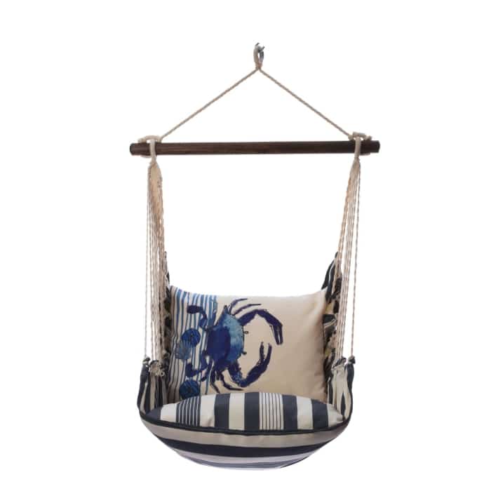 Multi colored outdoor swing crafted by the artisans of Magnolia Casual called the Swing Set 4 piece Marina Stripe w/ Crab featuring 100 percent weather resistant fabric, weather resistant polyester fabric, handcrafted shown against a clean backdrop featuring with a stripe motif.