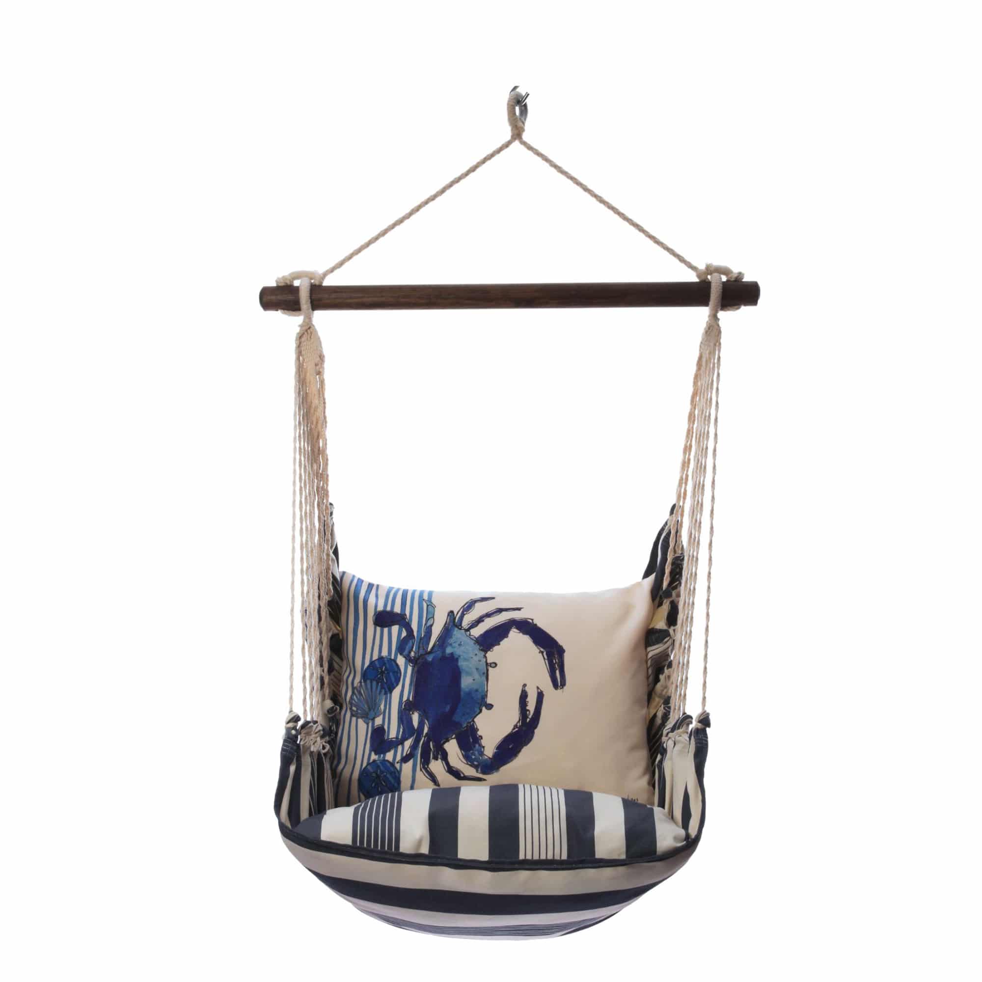 Multi colored outdoor swing crafted by the artisans of Magnolia Casual called the Swing Set 4 piece Marina Stripe w/ Crab featuring 100 percent weather resistant fabric, weather resistant polyester fabric, handcrafted shown against a clean backdrop featuring with a stripe motif.