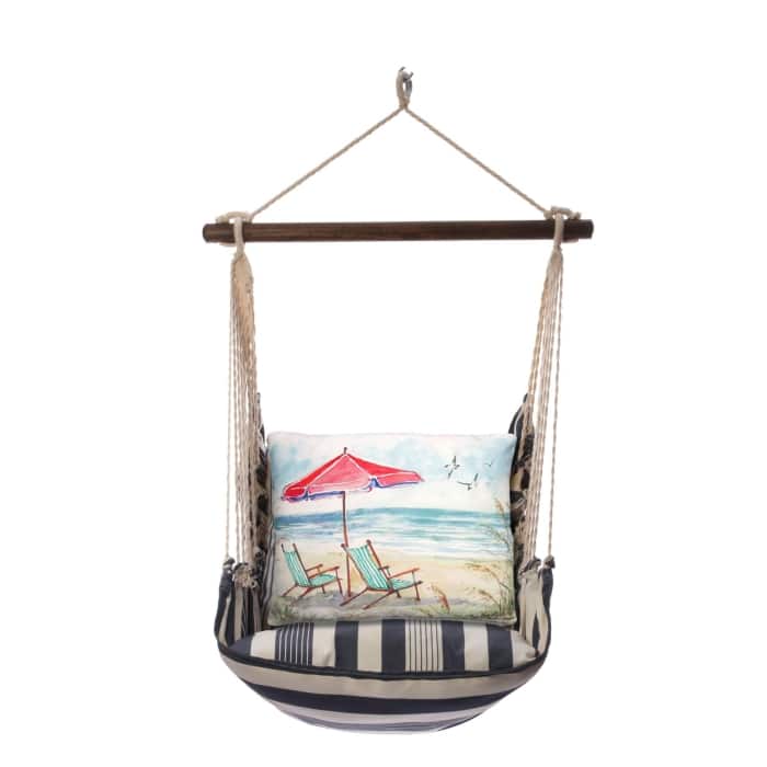 Teal outdoor swing crafted by the artisans of Magnolia Casual called the Swing Set 4 piece Marina Stripe w/ Teal Beach Chairs featuring 100 percent weather resistant fabric, weather resistant polyester fabric, handcrafted shown against a clean backdrop featuring with a stripe motif and shades of teal.