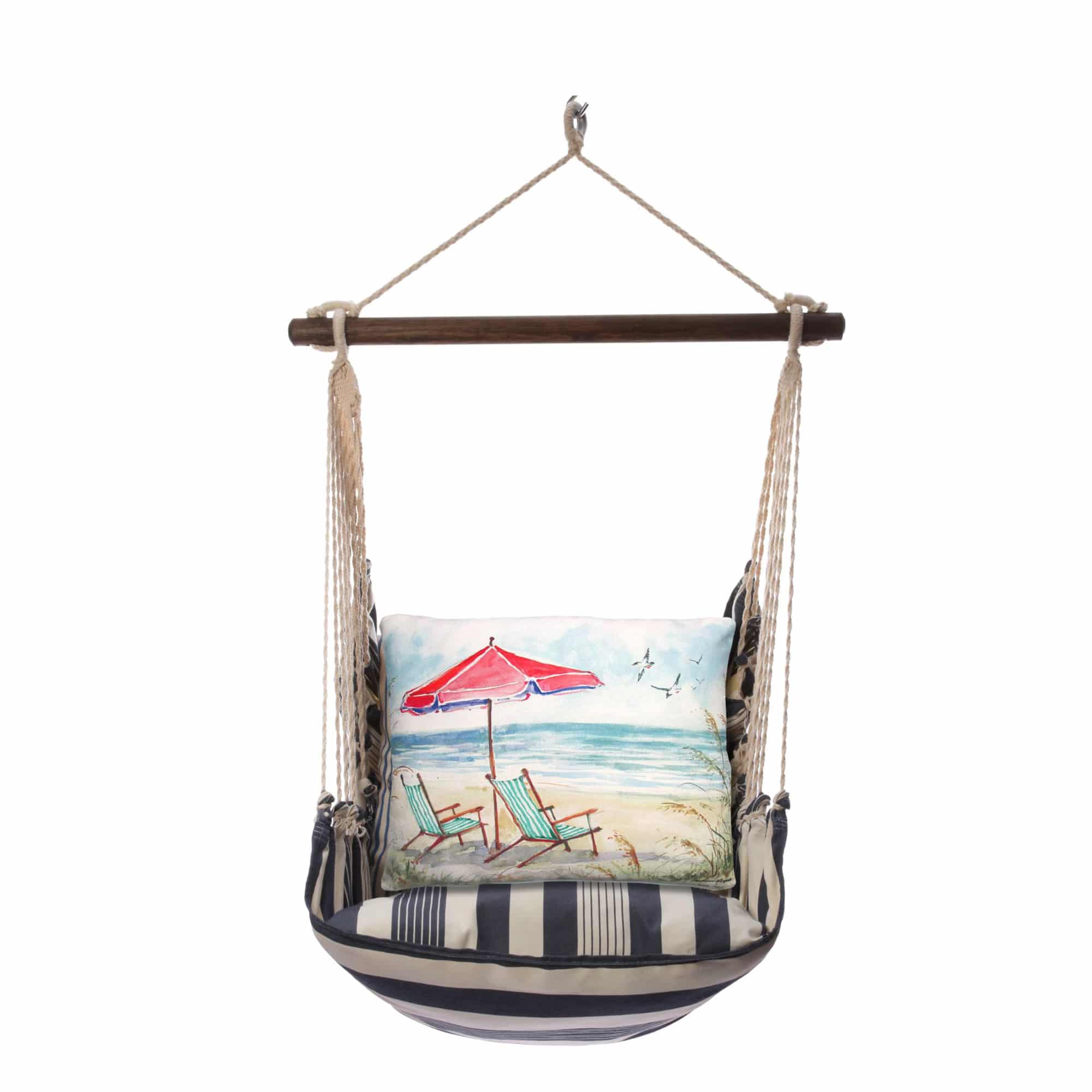 Teal outdoor swing crafted by the artisans of Magnolia Casual called the Swing Set 4 piece Marina Stripe w/ Teal Beach Chairs featuring 100 percent weather resistant fabric, weather resistant polyester fabric, handcrafted shown against a clean backdrop featuring with a stripe motif and shades of teal.