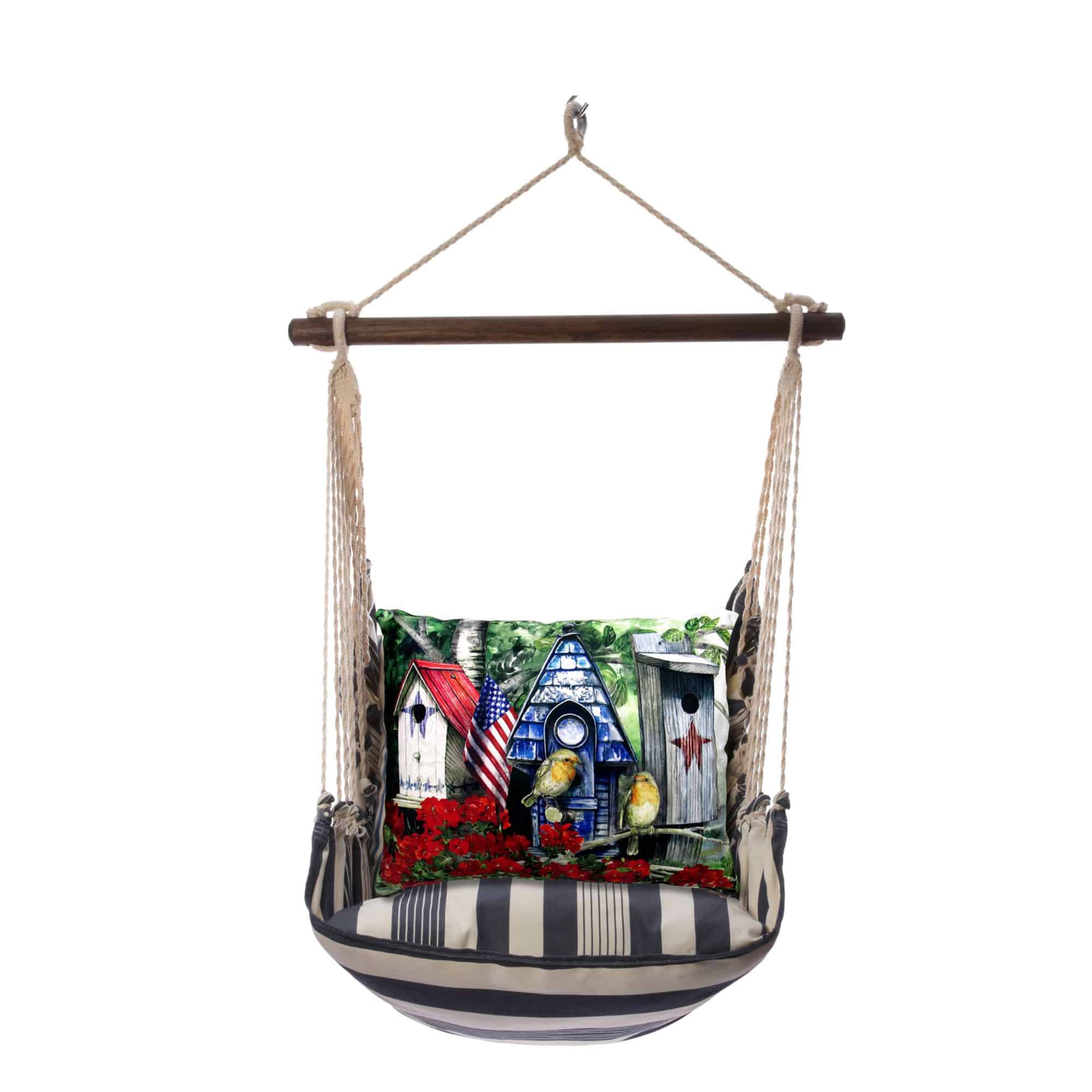 Multi colored outdoor swing crafted by the artisans of Magnolia Casual called the Swing Set 4 piece Marina Stripe w/ Americana Birdhouse featuring 100 percent weather resistant fabric, weather resistant polyester fabric, handcrafted shown against a clean backdrop featuring with a stripe motif.