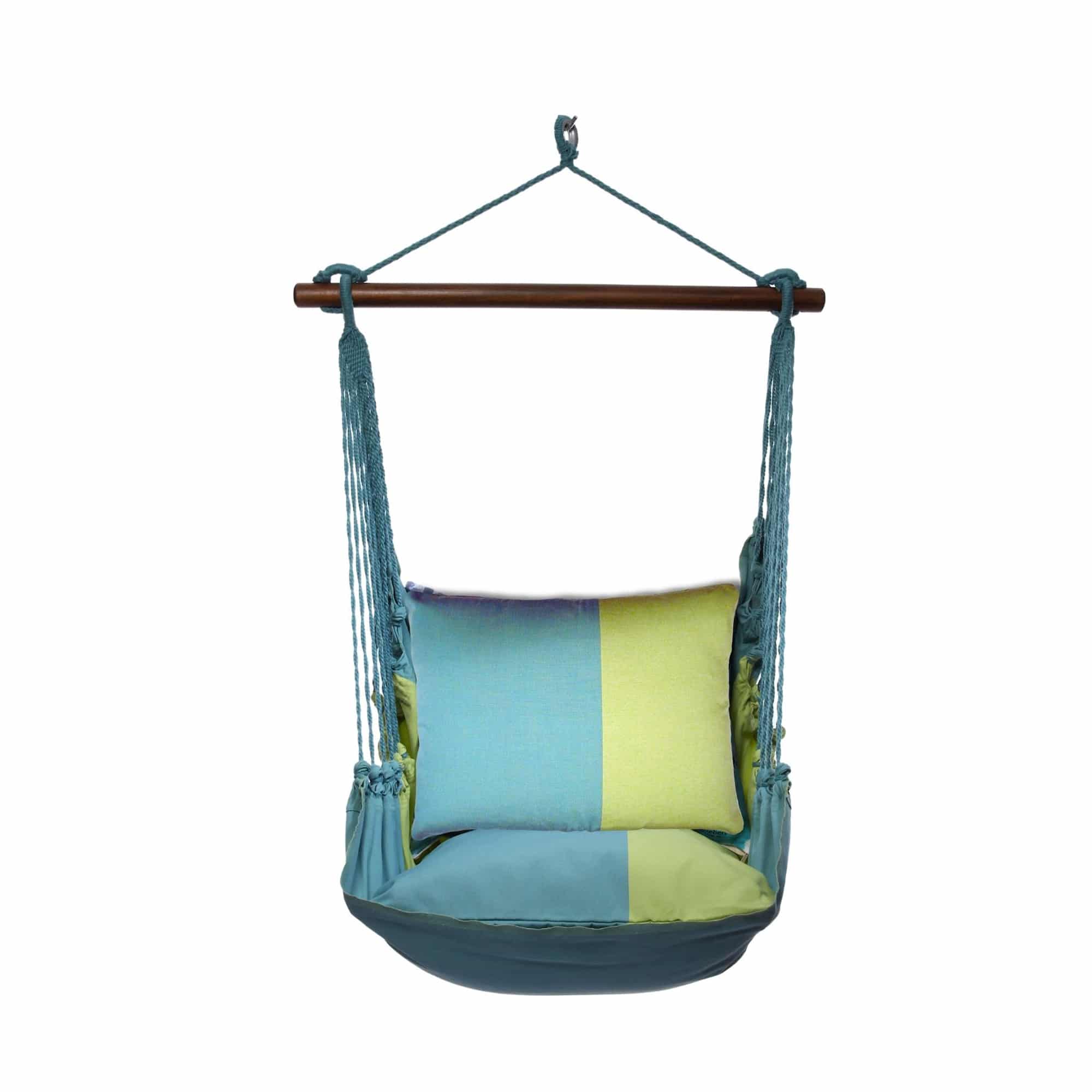 Multi colored outdoor swing crafted by the artisans of Magnolia Casual called the Swing Set 4 piece Meadow Mist Stripe w/ Meadow Mist Stripe featuring 100 percent weather resistant fabric, weather resistant polyester fabric, handcrafted, natural materials shown against a clean backdrop featuring with a stripe motif.