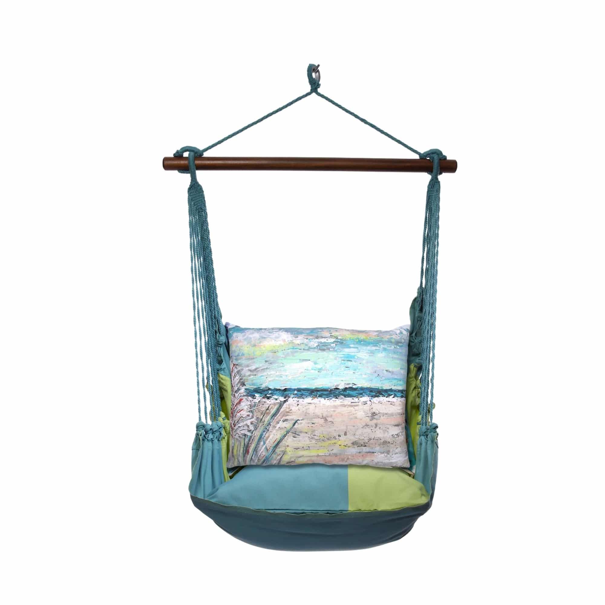 Multi colored outdoor swing crafted by the artisans of Magnolia Casual called the Swing Set 4 piece Meadow Mist Stripe w/ Coastal Landscape 1 featuring 100 percent weather resistant fabric, weather resistant polyester fabric, handcrafted, natural materials shown against a clean backdrop featuring with a stripe motif.