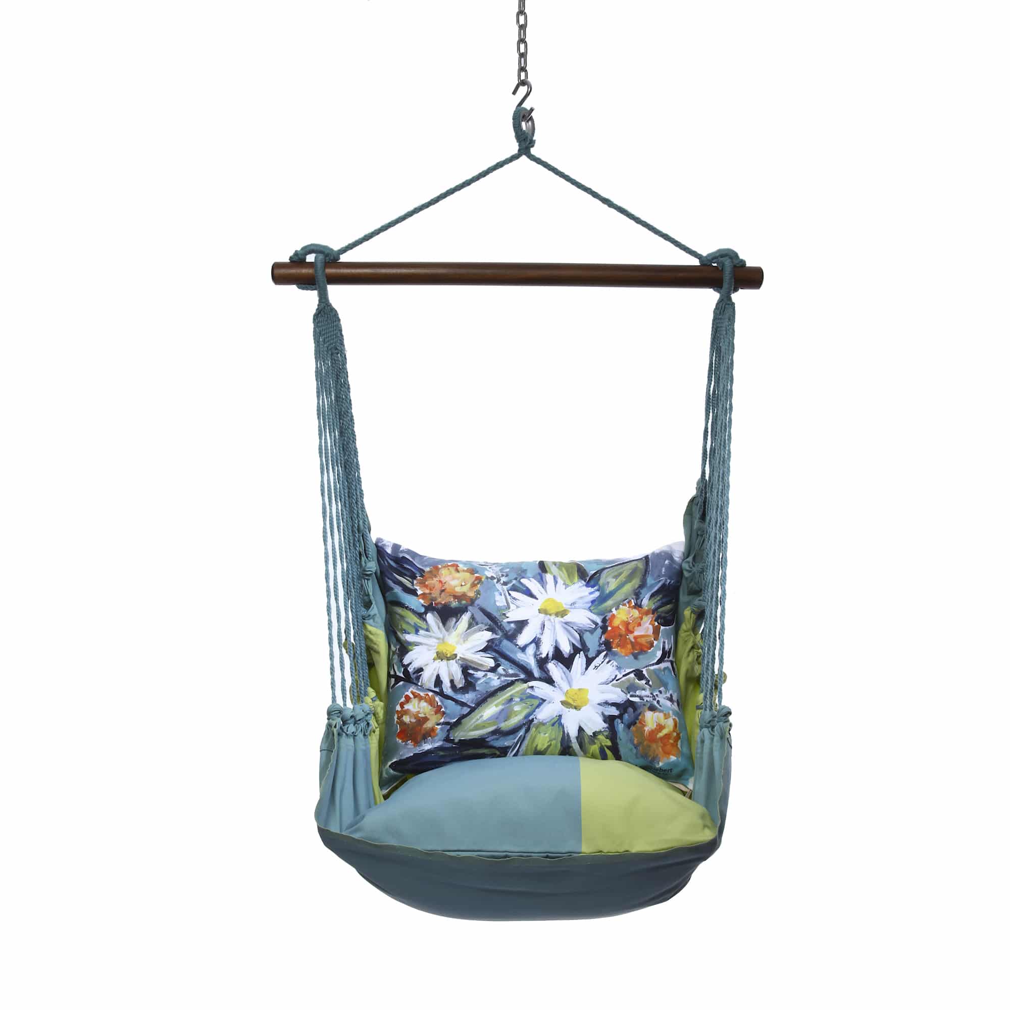 Multi colored outdoor swing crafted by the artisans of Magnolia Casual called the Swing Set 4 piece Meadow Mist Stripe w/ Floral Impressions featuring 100 percent weather resistant fabric, weather resistant polyester fabric, handcrafted, natural materials shown against a clean backdrop featuring with a stripe motif.