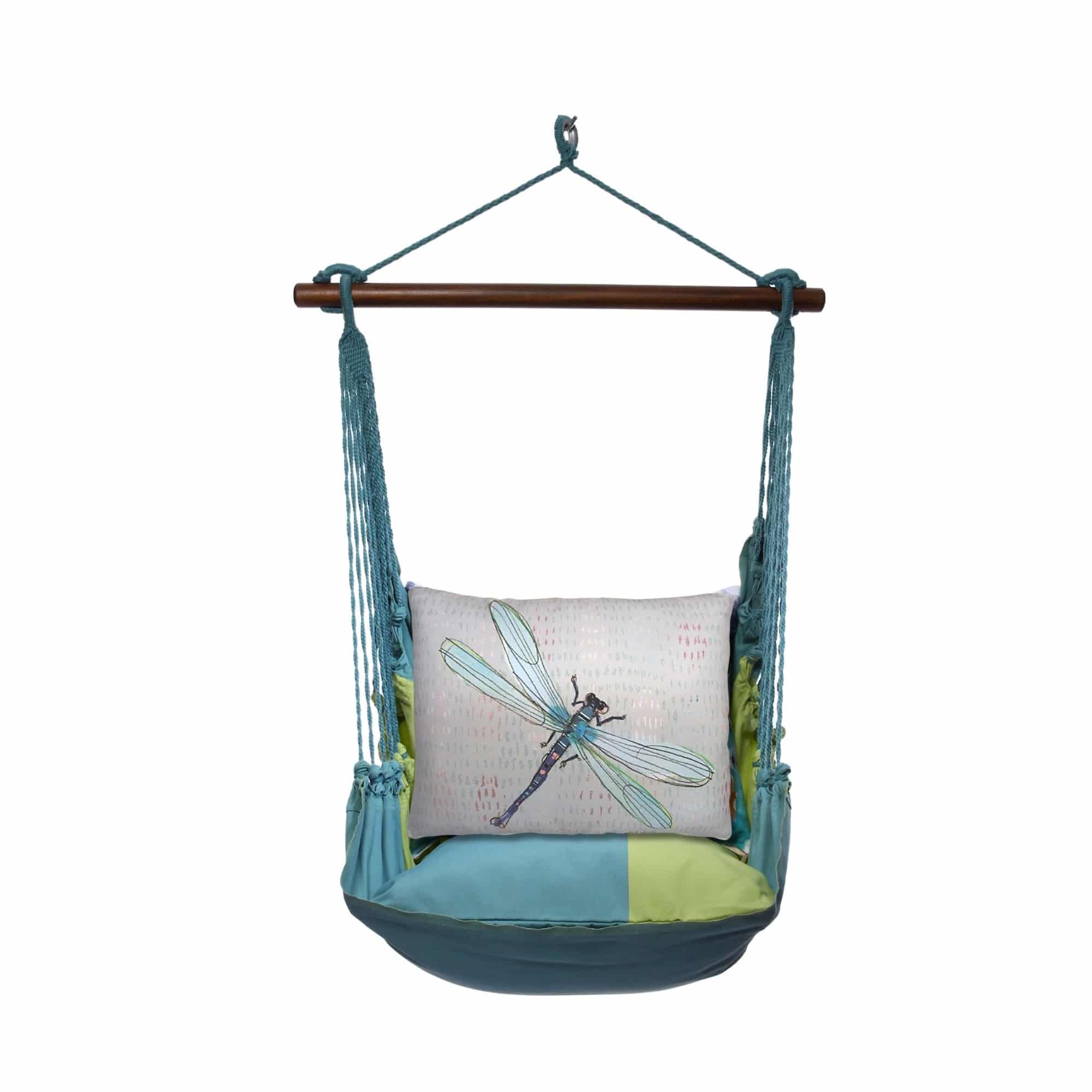 Blue outdoor swing crafted by the artisans of Magnolia Casual called the Swing Set 4 piece Meadow Mist Stripe w/ Dragonfly Blue featuring 100 percent weather resistant fabric, weather resistant polyester fabric, handcrafted, natural materials shown against a clean backdrop featuring with a stripe motif and shades of blue.