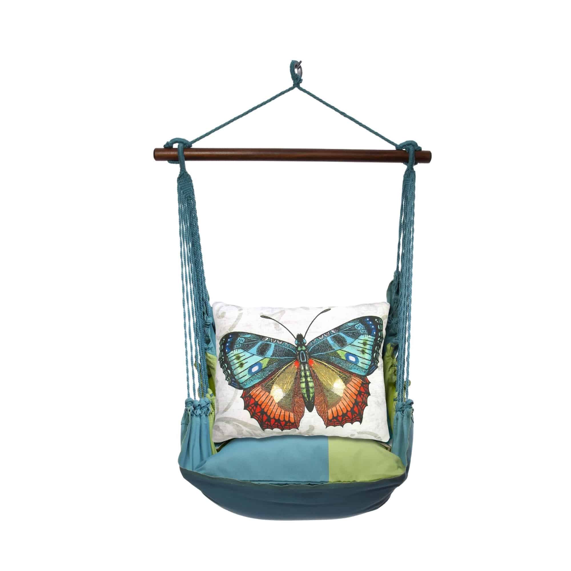 Multi colored outdoor swing crafted by the artisans of Magnolia Casual called the Swing Set 4 piece Meadow Mist Stripe w/ Butterfly M2 featuring 100 percent weather resistant fabric, weather resistant polyester fabric, handcrafted, natural materials shown against a clean backdrop featuring with a stripe motif.