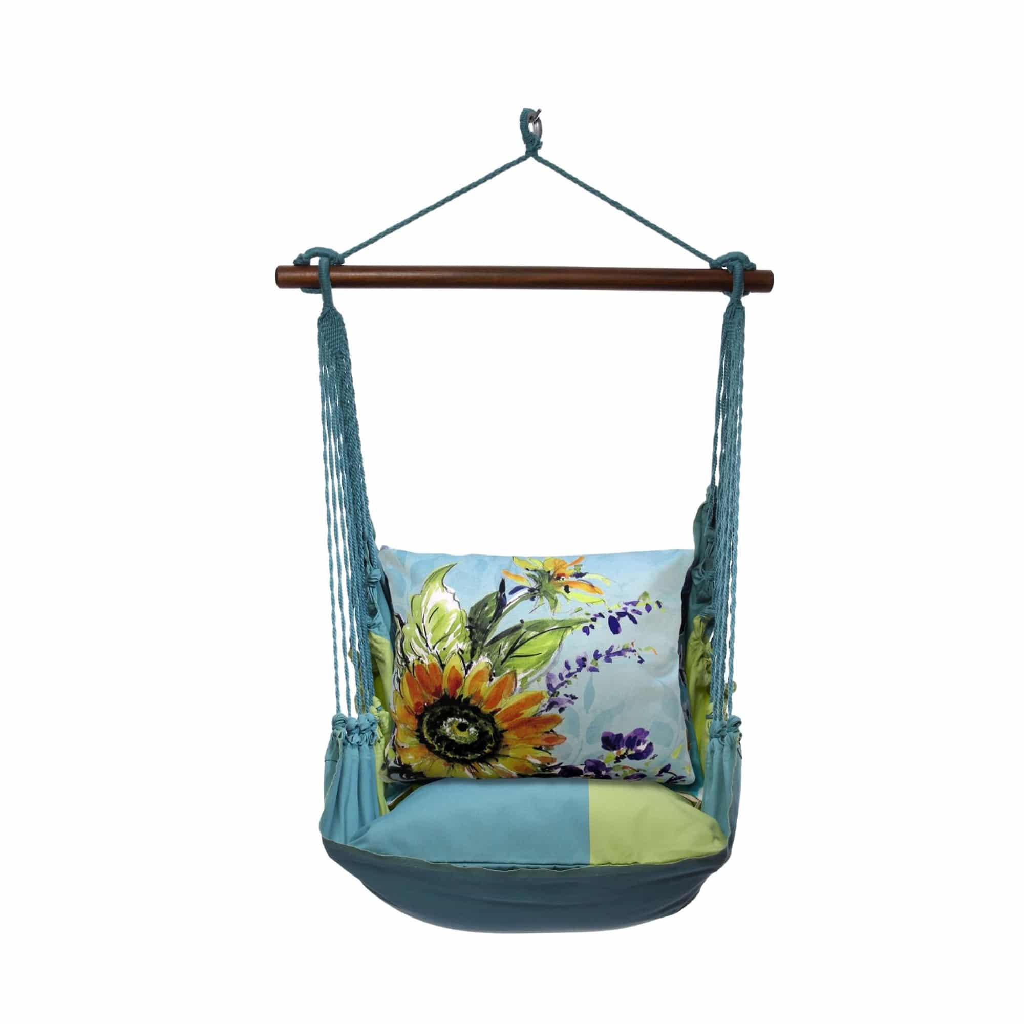 Teal outdoor swing crafted by the artisans of Magnolia Casual called the Swing Set 4 piece Meadow Mist Stripe w/ Sunflowers on Teal 2 featuring 100 percent weather resistant fabric, weather resistant polyester fabric, handcrafted, natural materials shown against a clean backdrop featuring with a stripe motif and shades of teal.