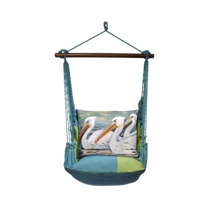 Multi colored outdoor swing crafted by the artisans of Magnolia Casual called the Swing Set 4 piece Meadow Mist Stripe w/ 3 Pelicans Swimming featuring 100 percent weather resistant fabric, weather resistant polyester fabric, handcrafted, natural materials shown against a clean backdrop featuring with a stripe motif.