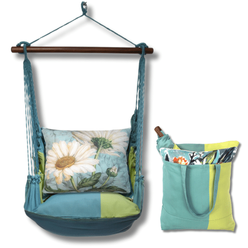 White outdoor swing crafted by the artisans of Magnolia Casual called the Swing Set 4 piece Meadow Mist Stripe w/ White Daisies featuring 100 percent weather resistant fabric, weather resistant polyester fabric, handcrafted, natural materials shown against a clean backdrop featuring with a stripe motif and shades of white.