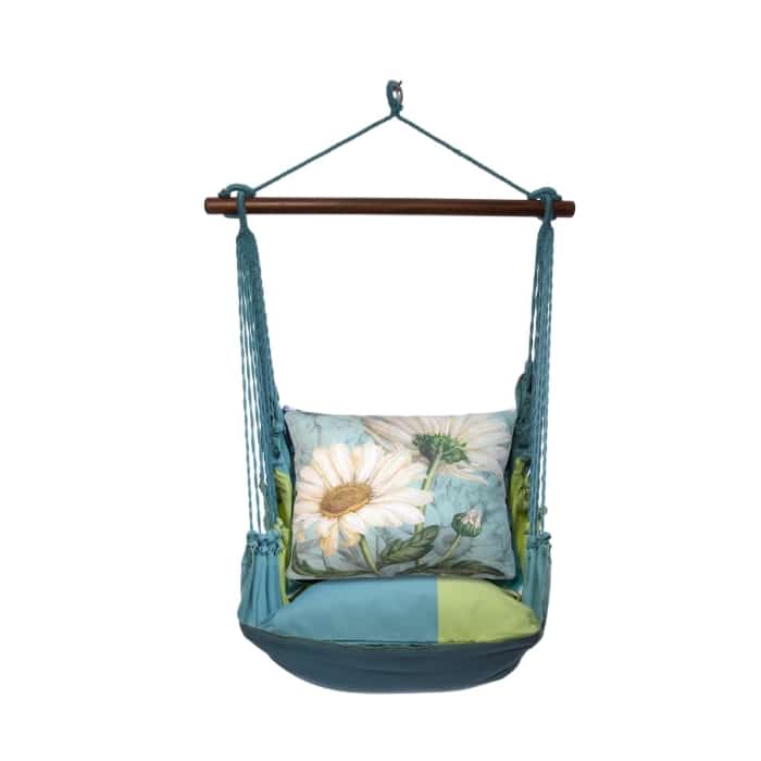 White outdoor swing crafted by the artisans of Magnolia Casual called the Swing Set 4 piece Meadow Mist Stripe w/ White Daisies featuring 100 percent weather resistant fabric, weather resistant polyester fabric, handcrafted, natural materials shown against a clean backdrop featuring with a stripe motif and shades of white.