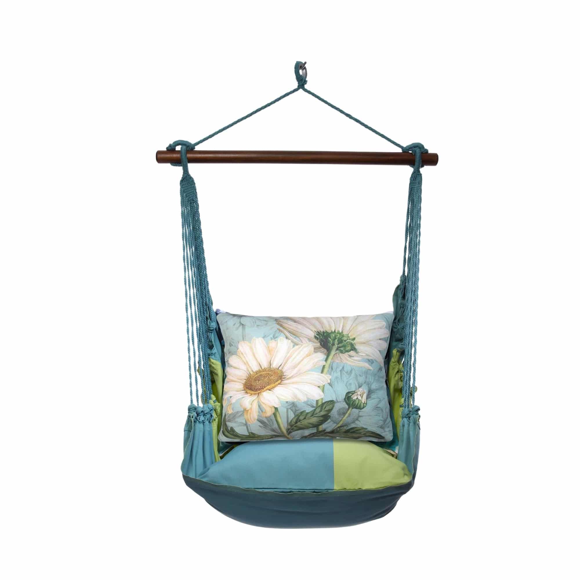 White outdoor swing crafted by the artisans of Magnolia Casual called the Swing Set 4 piece Meadow Mist Stripe w/ White Daisies featuring 100 percent weather resistant fabric, weather resistant polyester fabric, handcrafted, natural materials shown against a clean backdrop featuring with a stripe motif and shades of white.