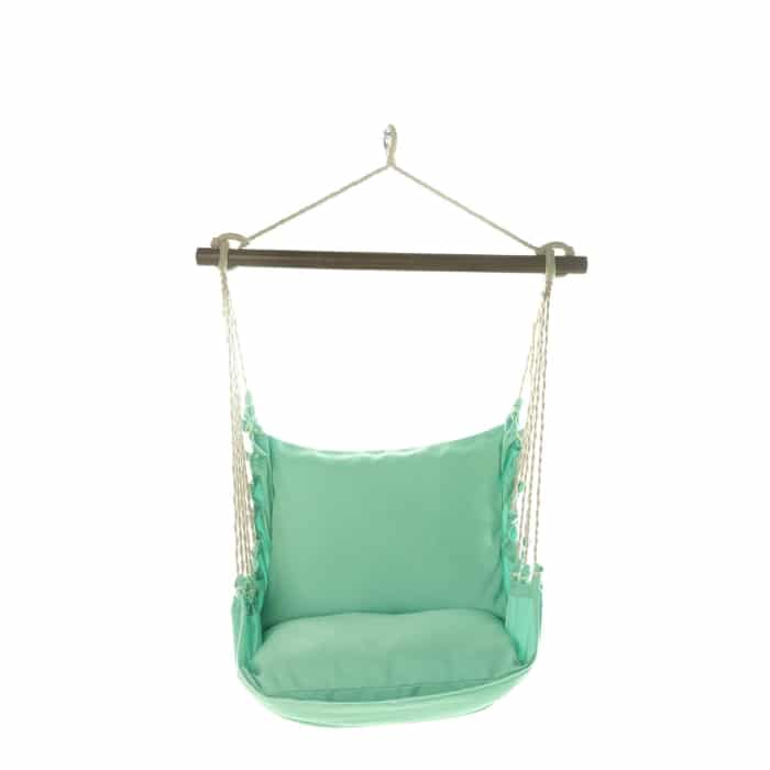 Green outdoor swing crafted by the artisans of Magnolia Casual called the Swing Set 4 piece Seafoam Green Solid w/ Seafoam Green Solid featuring 100 percent weather resistant fabric, weather resistant polyester fabric, handcrafted shown against a clean backdrop featuring shades of green.