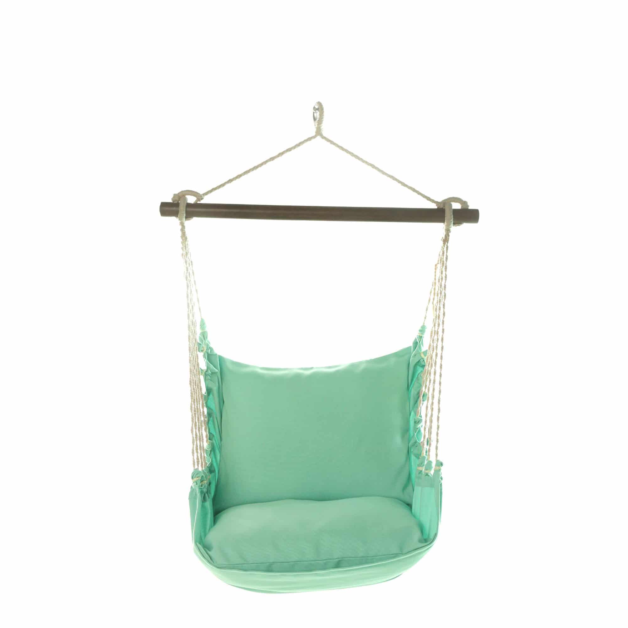 Green outdoor swing crafted by the artisans of Magnolia Casual called the Swing Set 4 piece Seafoam Green Solid w/ Seafoam Green Solid featuring 100 percent weather resistant fabric, weather resistant polyester fabric, handcrafted shown against a clean backdrop featuring shades of green.