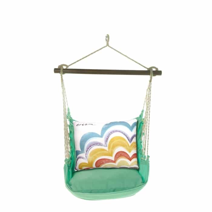 Green outdoor swing crafted by the artisans of Magnolia Casual called the Swing Set 4 piece Seafoam Green Solid w/ Dream featuring 100 percent weather resistant fabric, weather resistant polyester fabric, handcrafted shown against a clean backdrop featuring shades of green.