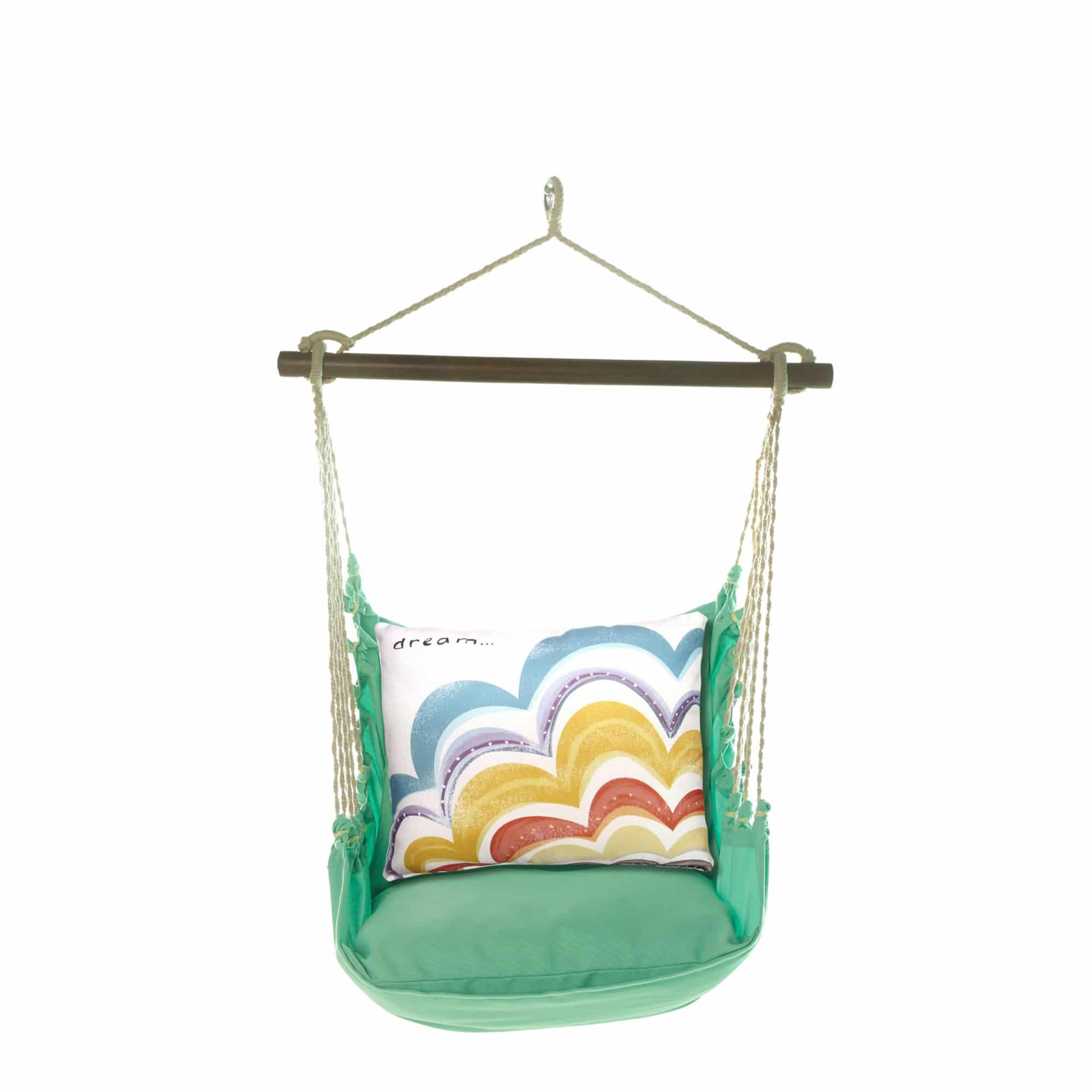 Green outdoor swing crafted by the artisans of Magnolia Casual called the Swing Set 4 piece Seafoam Green Solid w/ Dream featuring 100 percent weather resistant fabric, weather resistant polyester fabric, handcrafted shown against a clean backdrop featuring shades of green.