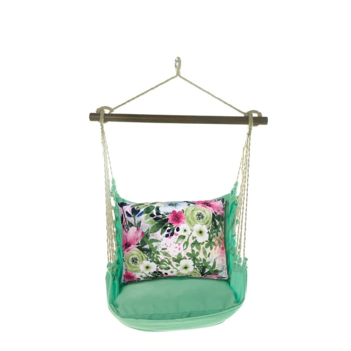 Green outdoor swing crafted by the artisans of Magnolia Casual called the Swing Set 4 piece Seafoam Green Solid w/ Meadow Dance 2 featuring 100 percent weather resistant fabric, weather resistant polyester fabric, handcrafted shown against a clean backdrop featuring shades of green.
