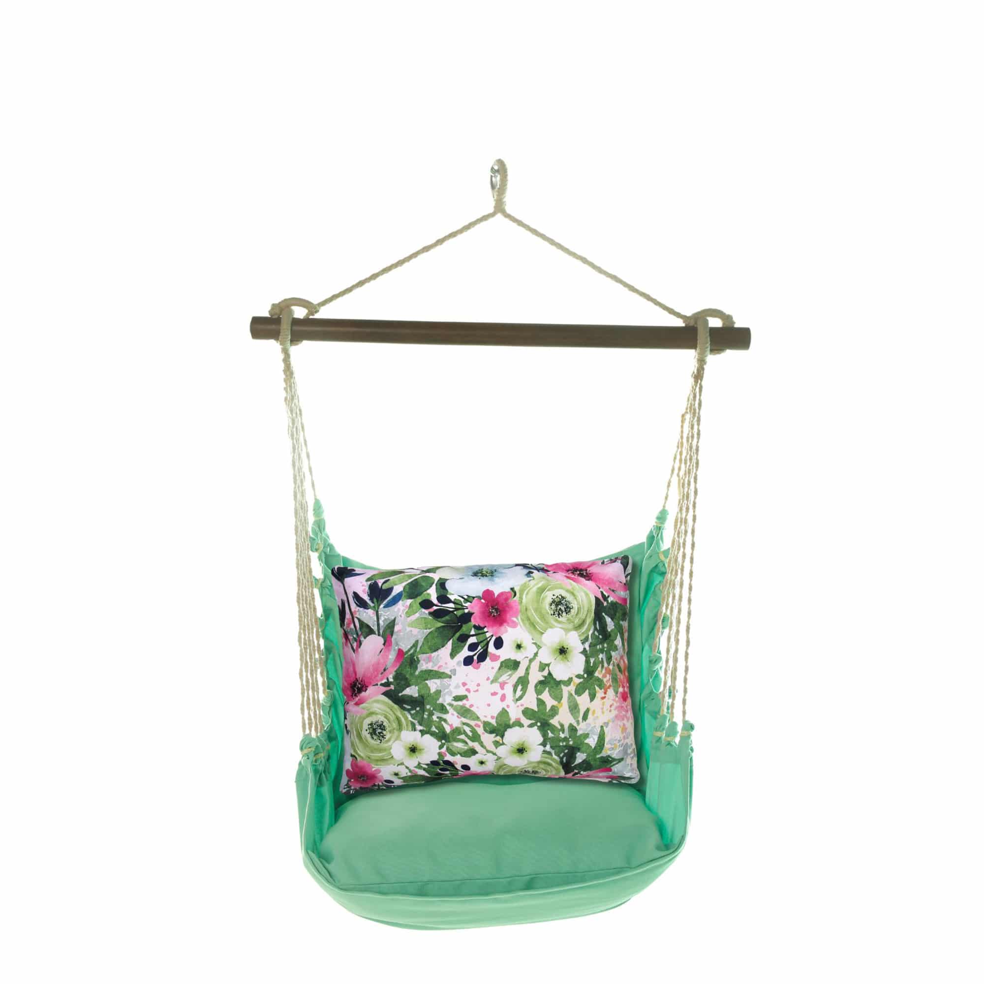 Green outdoor swing crafted by the artisans of Magnolia Casual called the Swing Set 4 piece Seafoam Green Solid w/ Meadow Dance 2 featuring 100 percent weather resistant fabric, weather resistant polyester fabric, handcrafted shown against a clean backdrop featuring shades of green.
