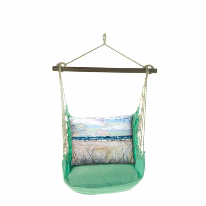 Green outdoor swing crafted by the artisans of Magnolia Casual called the Swing Set 4 piece Seafoam Green Solid w/ Coastal Landscape 2 featuring 100 percent weather resistant fabric, weather resistant polyester fabric, handcrafted shown against a clean backdrop featuring shades of green.