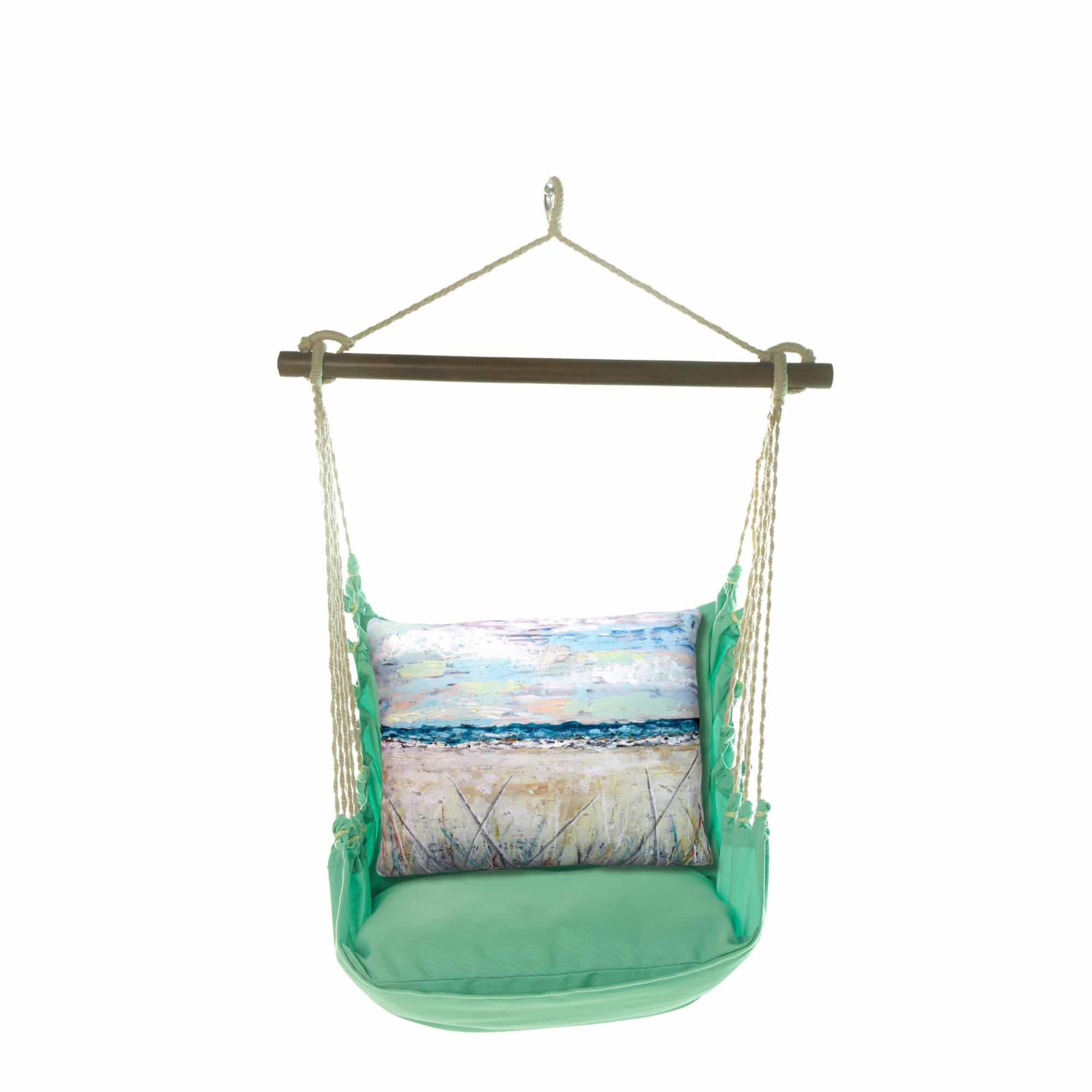Green outdoor swing crafted by the artisans of Magnolia Casual called the Swing Set 4 piece Seafoam Green Solid w/ Coastal Landscape 2 featuring 100 percent weather resistant fabric, weather resistant polyester fabric, handcrafted shown against a clean backdrop featuring shades of green.