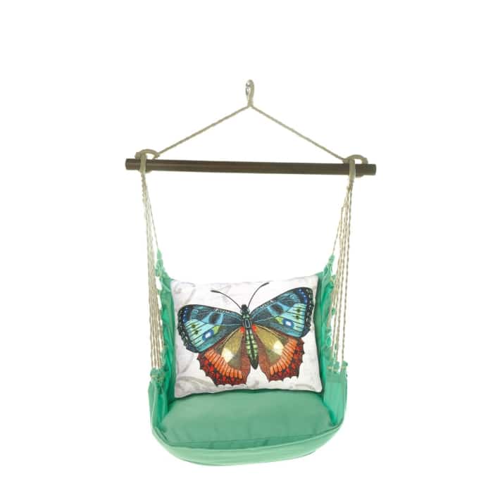 Green outdoor swing crafted by the artisans of Magnolia Casual called the Swing Set 4 piece Seafoam Green Solid w/ Butterfly M2 featuring 100 percent weather resistant fabric, weather resistant polyester fabric, handcrafted shown against a clean backdrop featuring with a butterfly motif and shades of green.