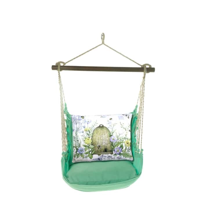 Green outdoor swing crafted by the artisans of Magnolia Casual called the Swing Set 4 piece Seafoam Green Solid w/ Bee Skep featuring 100 percent weather resistant fabric, weather resistant polyester fabric, handcrafted shown against a clean backdrop featuring with a bee motif and shades of green.