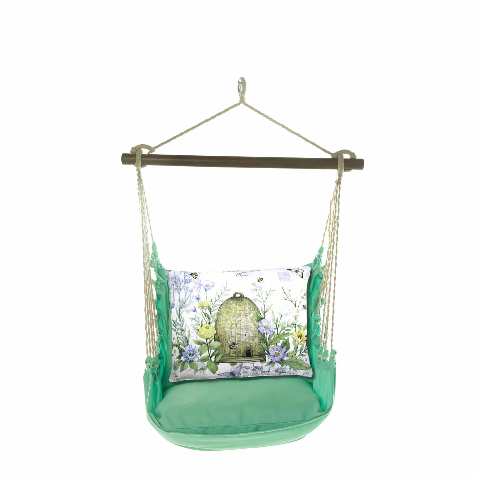Green outdoor swing crafted by the artisans of Magnolia Casual called the Swing Set 4 piece Seafoam Green Solid w/ Bee Skep featuring 100 percent weather resistant fabric, weather resistant polyester fabric, handcrafted shown against a clean backdrop featuring with a bee motif and shades of green.