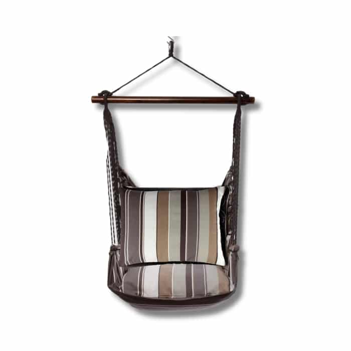 Gray outdoor swing crafted by the artisans of Magnolia Casual called the Swing Set 4 piece Slate Gray Stripe w/ Slate Gray Stripe featuring 100 percent weather resistant fabric, weather resistant polyester fabric, handcrafted shown against a clean backdrop featuring with a stripe motif and shades of gray.