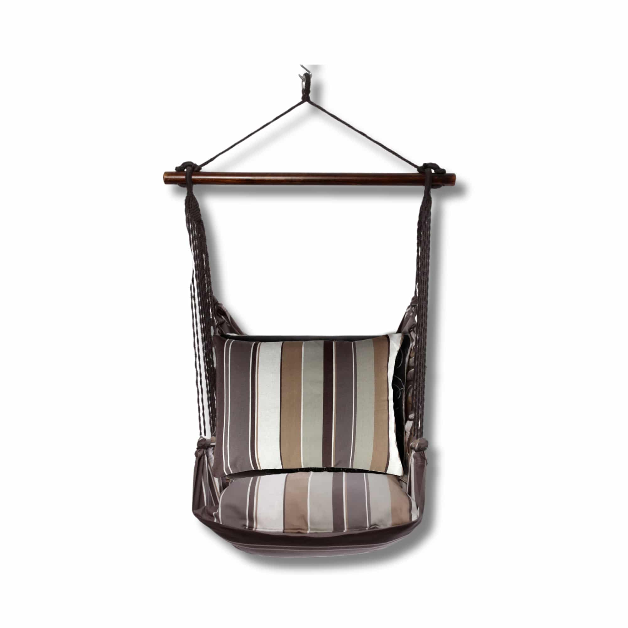 Gray outdoor swing crafted by the artisans of Magnolia Casual called the Swing Set 4 piece Slate Gray Stripe w/ Slate Gray Stripe featuring 100 percent weather resistant fabric, weather resistant polyester fabric, handcrafted shown against a clean backdrop featuring with a stripe motif and shades of gray.