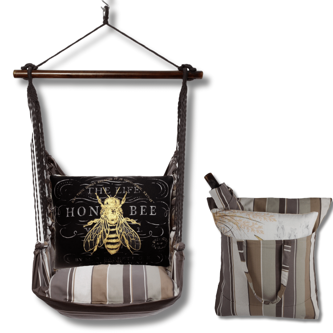 Black outdoor swing crafted by the artisans of Magnolia Casual called the Swing Set 4 piece Slate Gray Stripe w/ Vintage Bee on Black featuring 100 percent weather resistant fabric, weather resistant polyester fabric, handcrafted shown against a clean backdrop featuring with a stripe motif and shades of gray and black.