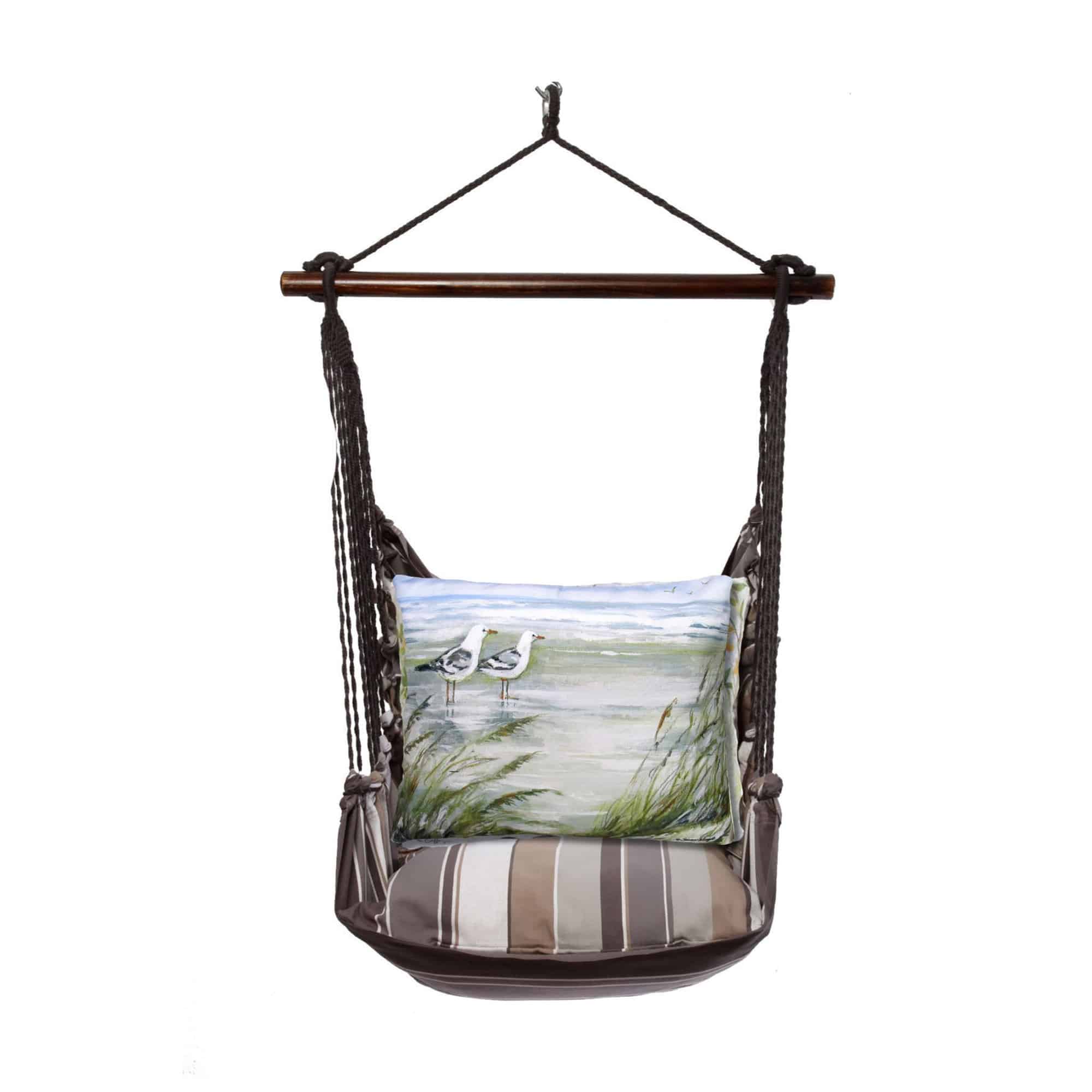 Gray outdoor swing crafted by the artisans of Magnolia Casual called the Swing Set 4 piece Slate Gray Stripe w/ Seagulls featuring 100 percent weather resistant fabric, weather resistant polyester fabric, handcrafted shown against a clean backdrop featuring with a stripe motif and shades of gray.