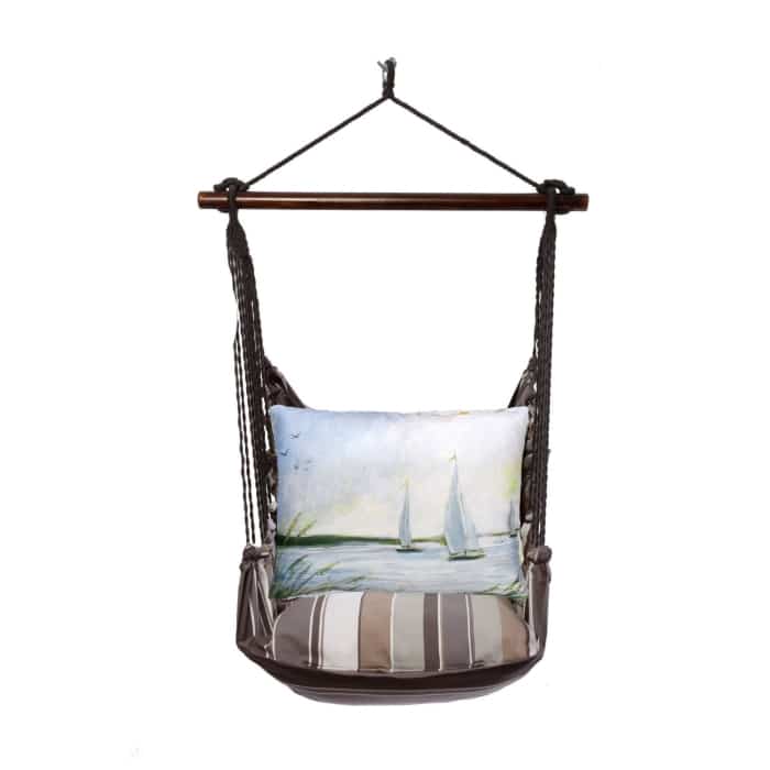 Gray outdoor swing crafted by the artisans of Magnolia Casual called the Swing Set 4 piece Slate Gray Stripe w/ Sailboats featuring 100 percent weather resistant fabric, weather resistant polyester fabric, handcrafted shown against a clean backdrop featuring with a stripe motif and shades of gray.