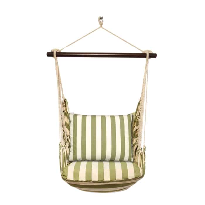 Multi colored outdoor swing crafted by the artisans of Magnolia Casual called the Swing Set 4 piece Summer Palms Stripe w/ Summer Palms Stripe featuring 100 percent weather resistant fabric, weather resistant polyester fabric, handcrafted shown against a clean backdrop featuring with a stripe motif.