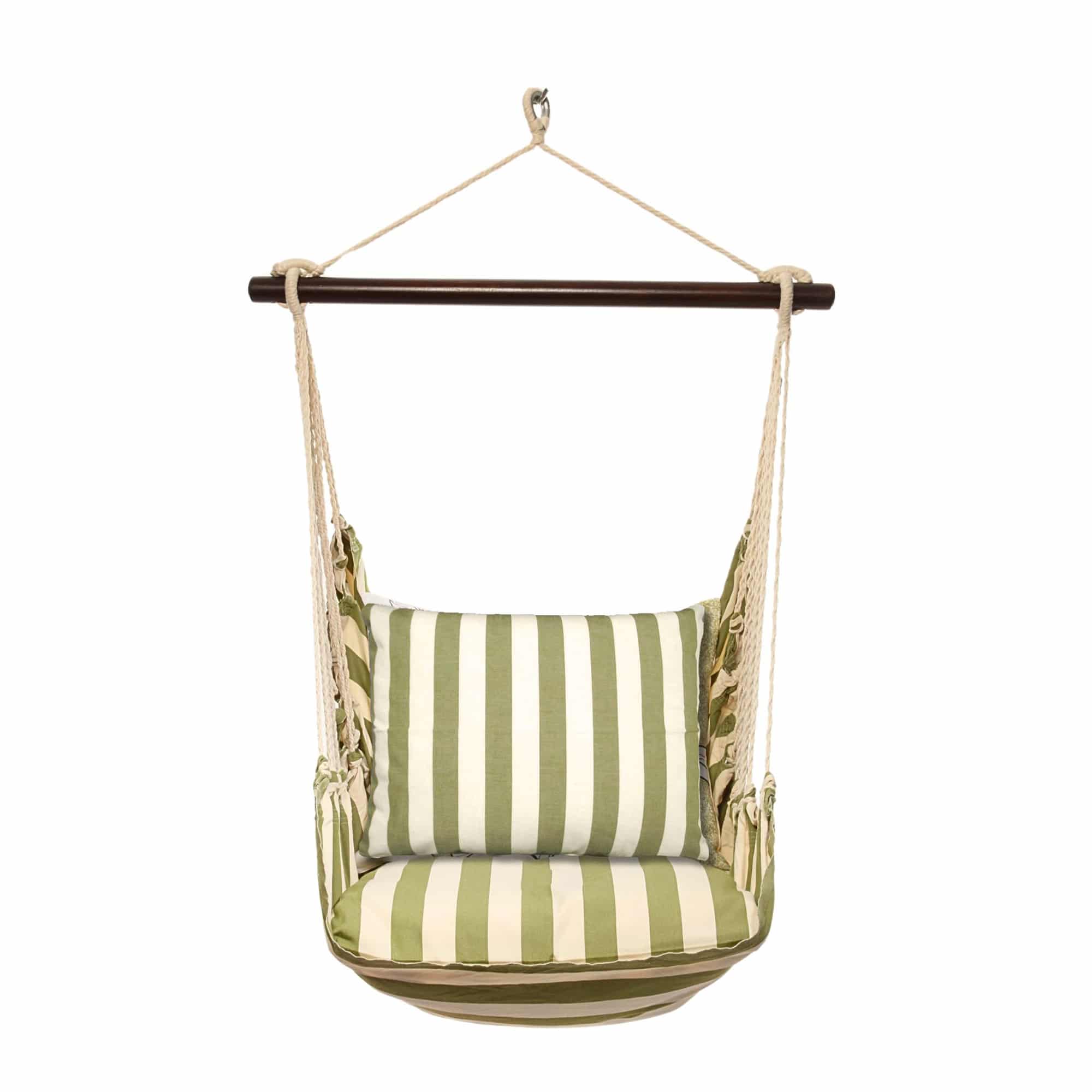 Multi colored outdoor swing crafted by the artisans of Magnolia Casual called the Swing Set 4 piece Summer Palms Stripe w/ Summer Palms Stripe featuring 100 percent weather resistant fabric, weather resistant polyester fabric, handcrafted shown against a clean backdrop featuring with a stripe motif.