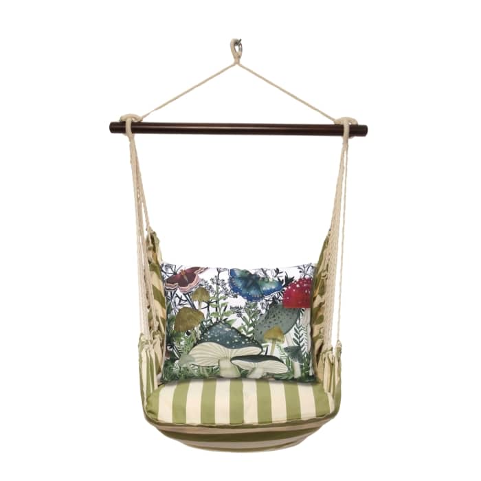 Multi colored outdoor swing crafted by the artisans of Magnolia Casual called the Swing Set 4 piece Summer Palms Stripe w/ Botanical Mushrooms 2 featuring 100 percent weather resistant fabric, weather resistant polyester fabric, handcrafted shown against a clean backdrop featuring with a stripe motif.