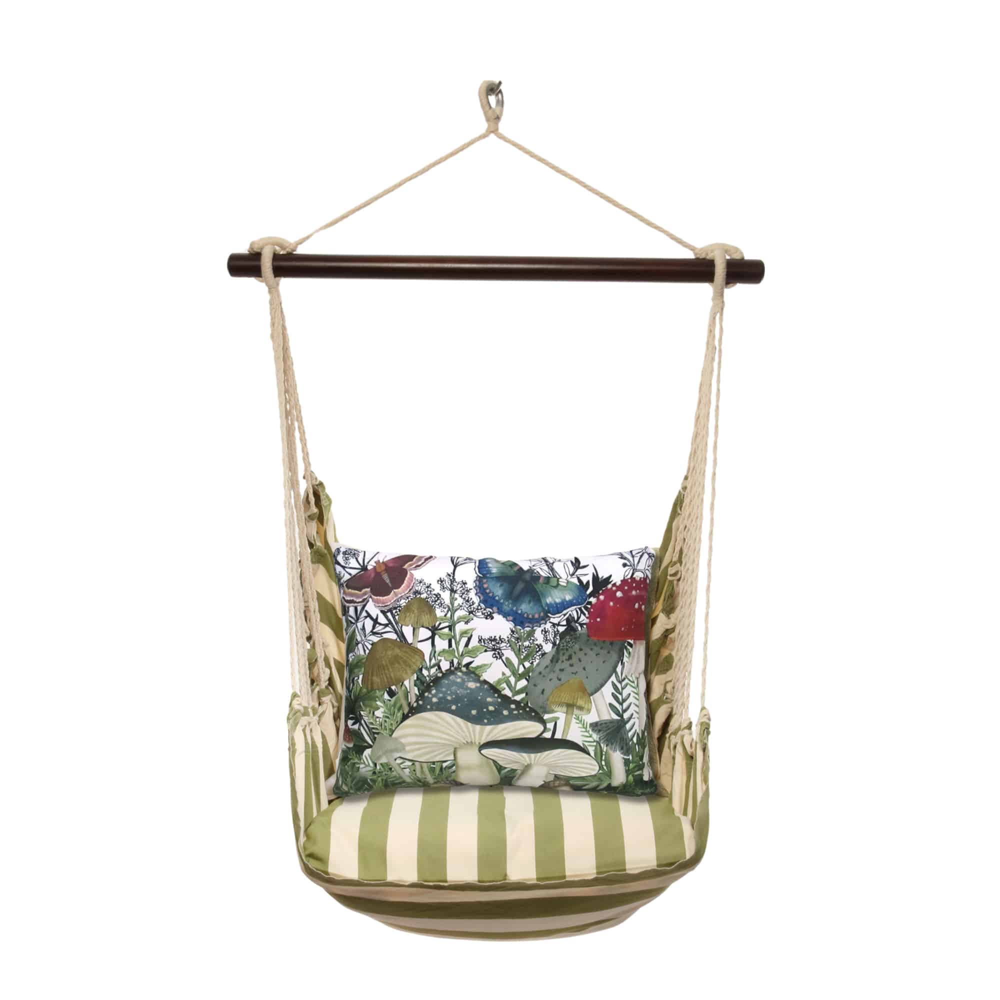 Multi colored outdoor swing crafted by the artisans of Magnolia Casual called the Swing Set 4 piece Summer Palms Stripe w/ Botanical Mushrooms 2 featuring 100 percent weather resistant fabric, weather resistant polyester fabric, handcrafted shown against a clean backdrop featuring with a stripe motif.