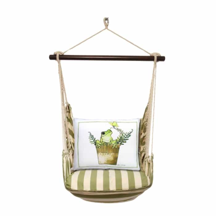 Multi colored outdoor swing crafted by the artisans of Magnolia Casual called the Swing Set 4 piece Summer Palms Stripe w/ Frog in Pot featuring 100 percent weather resistant fabric, weather resistant polyester fabric, handcrafted shown against a clean backdrop featuring with a stripe motif.