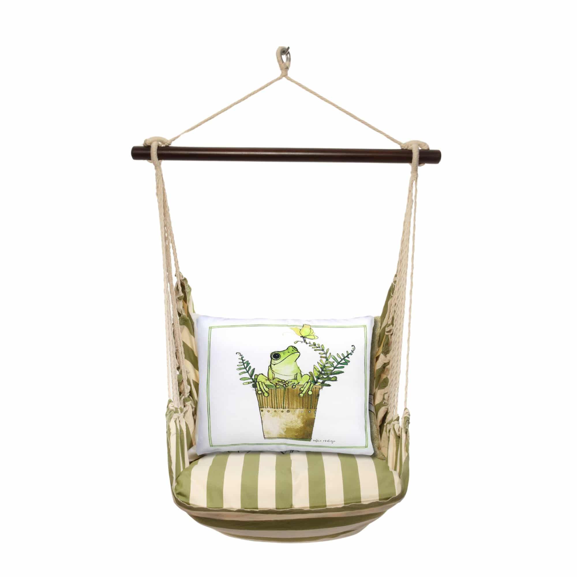 Multi colored outdoor swing crafted by the artisans of Magnolia Casual called the Swing Set 4 piece Summer Palms Stripe w/ Frog in Pot featuring 100 percent weather resistant fabric, weather resistant polyester fabric, handcrafted shown against a clean backdrop featuring with a stripe motif.