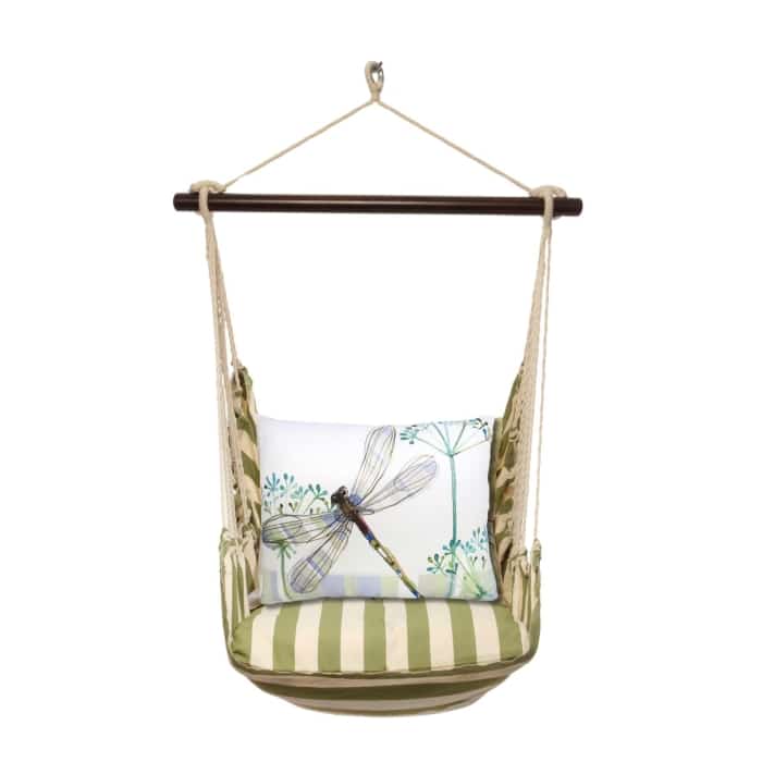 Multi colored outdoor swing crafted by the artisans of Magnolia Casual called the Swing Set 4 piece Summer Palms Stripe w/ Dragonfly Wisp featuring 100 percent weather resistant fabric, weather resistant polyester fabric, handcrafted shown against a clean backdrop featuring with a stripe motif.